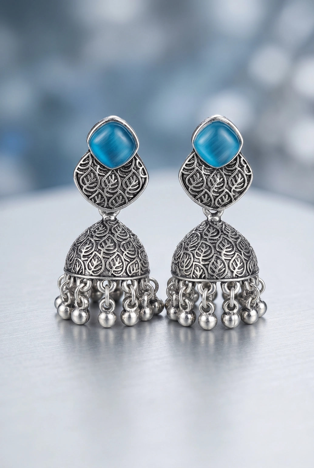 Oxidized Silver-Tone Jhumka Earrings with Square Stone, Leaf Engraved Top & Ghungroo Beads (Sea Blue/Mint/Lemon) - Sea blue