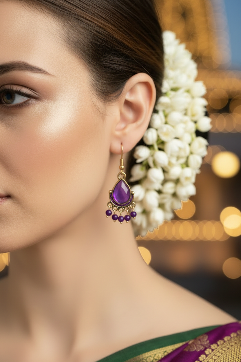 Traditional Teardrop Gold-Plated Beaded Dangle Earrings