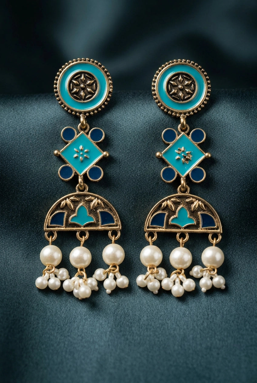 Antique Gold-Tone Ethnic Dangler Earrings with Teal/Mauve Enamel & Pearl Drops, Floral Motifs - Teal Blue & Navy Blue