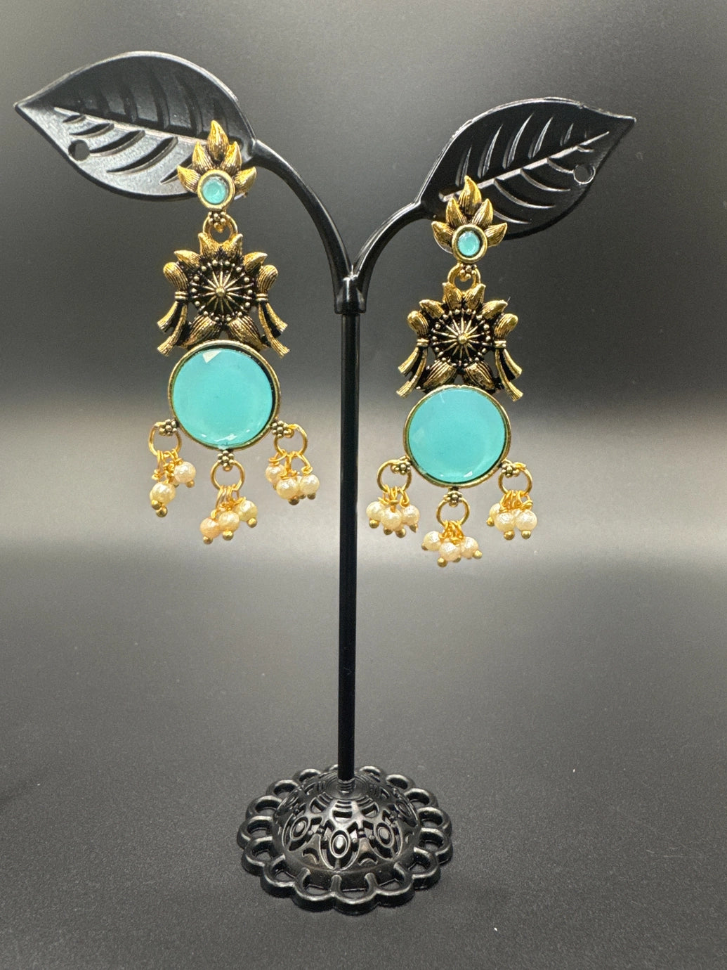 Gold-Tone Floral Chandbali Earrings with Round Stone & Pearl Drops