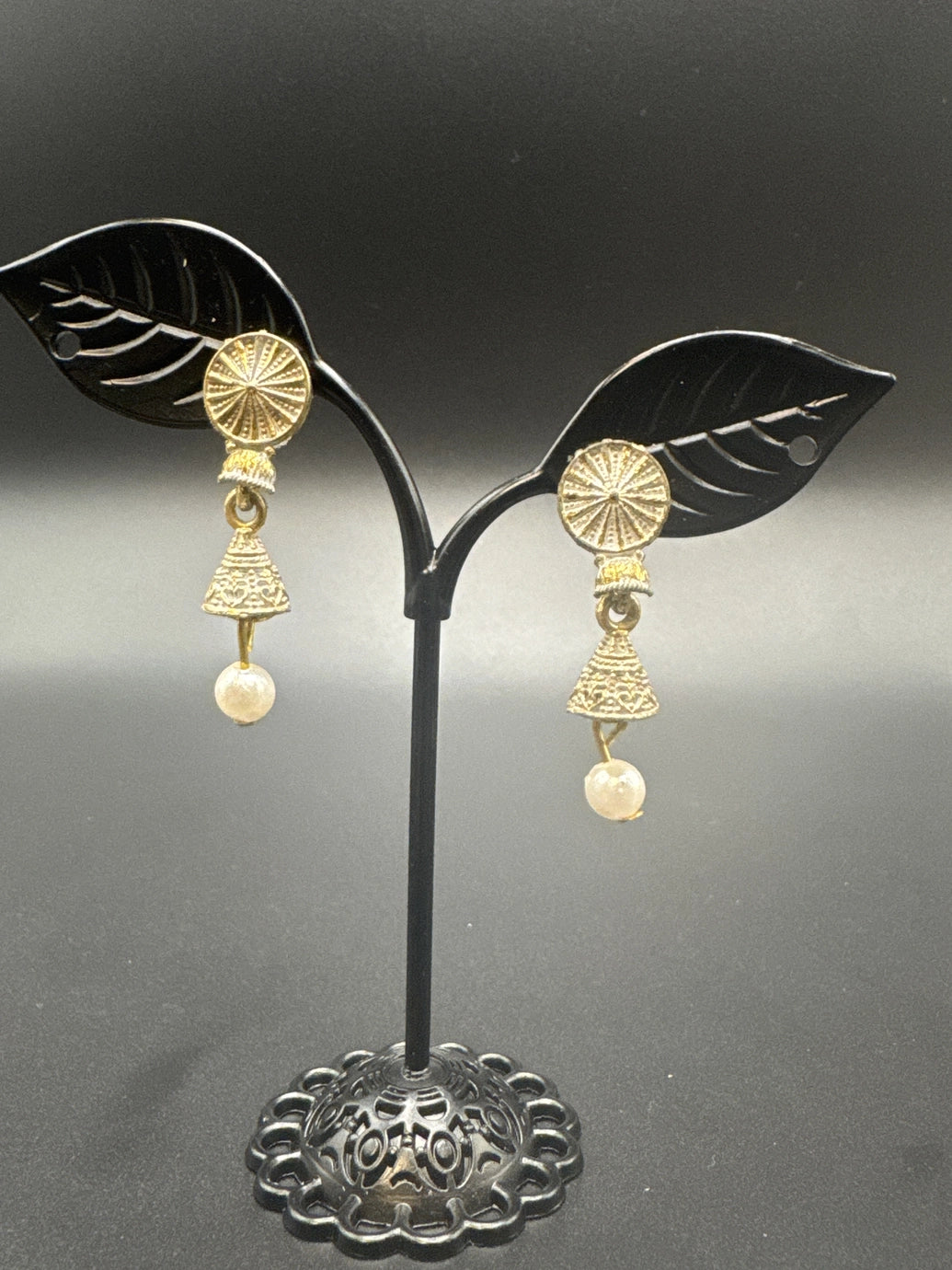 Antique Look Floral Jhumka Earrings – Gold-Tone Jhumki with Coloured Bead Drop (1.5 inch) - White