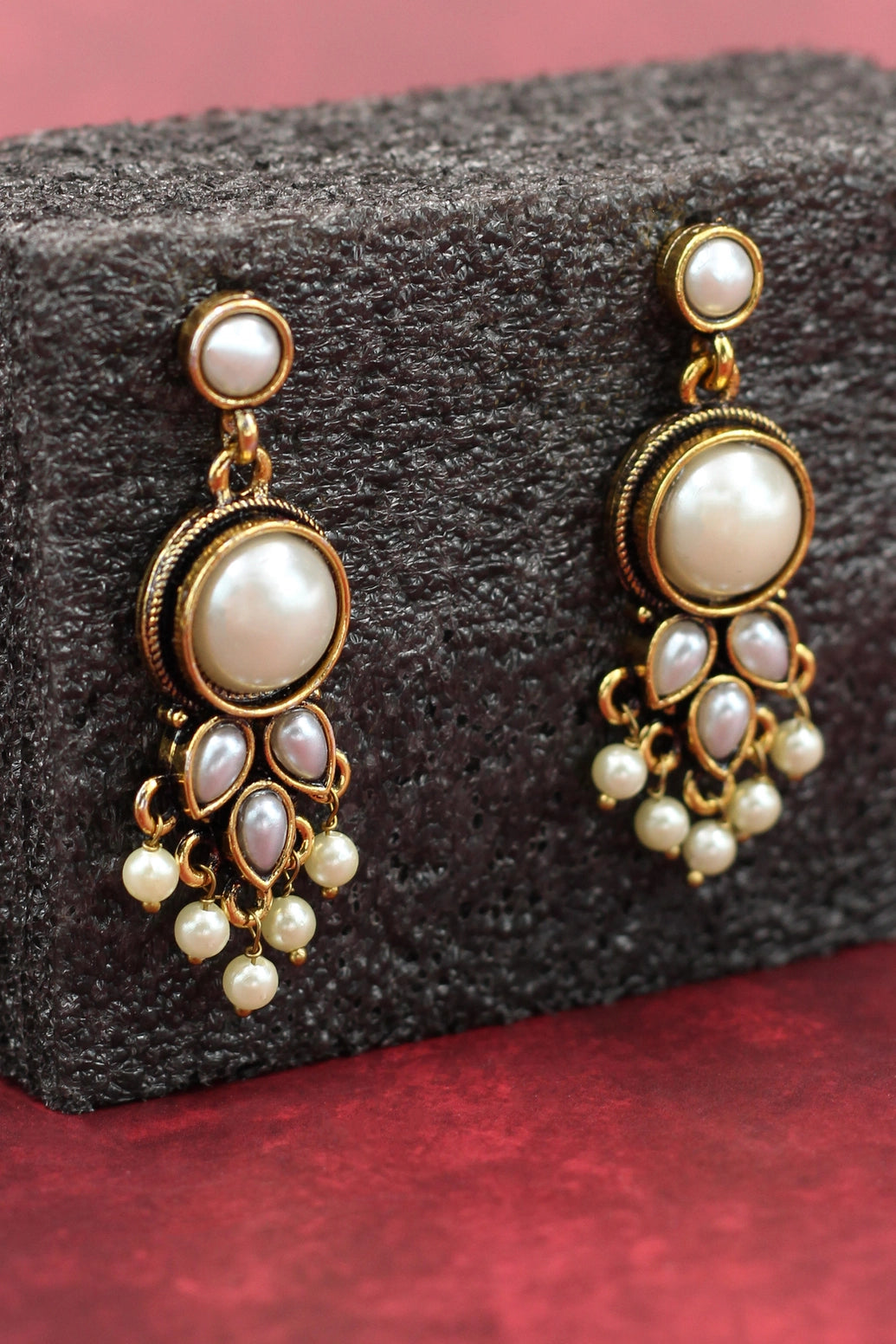 Antique Gold-Tone Pearl Drop Earrings with White Beads Jewelry JCS Fashions