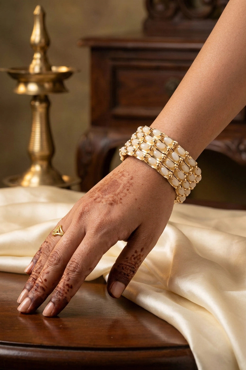 Traditional Gold-Plated Bangles with Beaded Stones (Green/White/Sky Blue) - Statement Ethnic Bracelet for Women - White