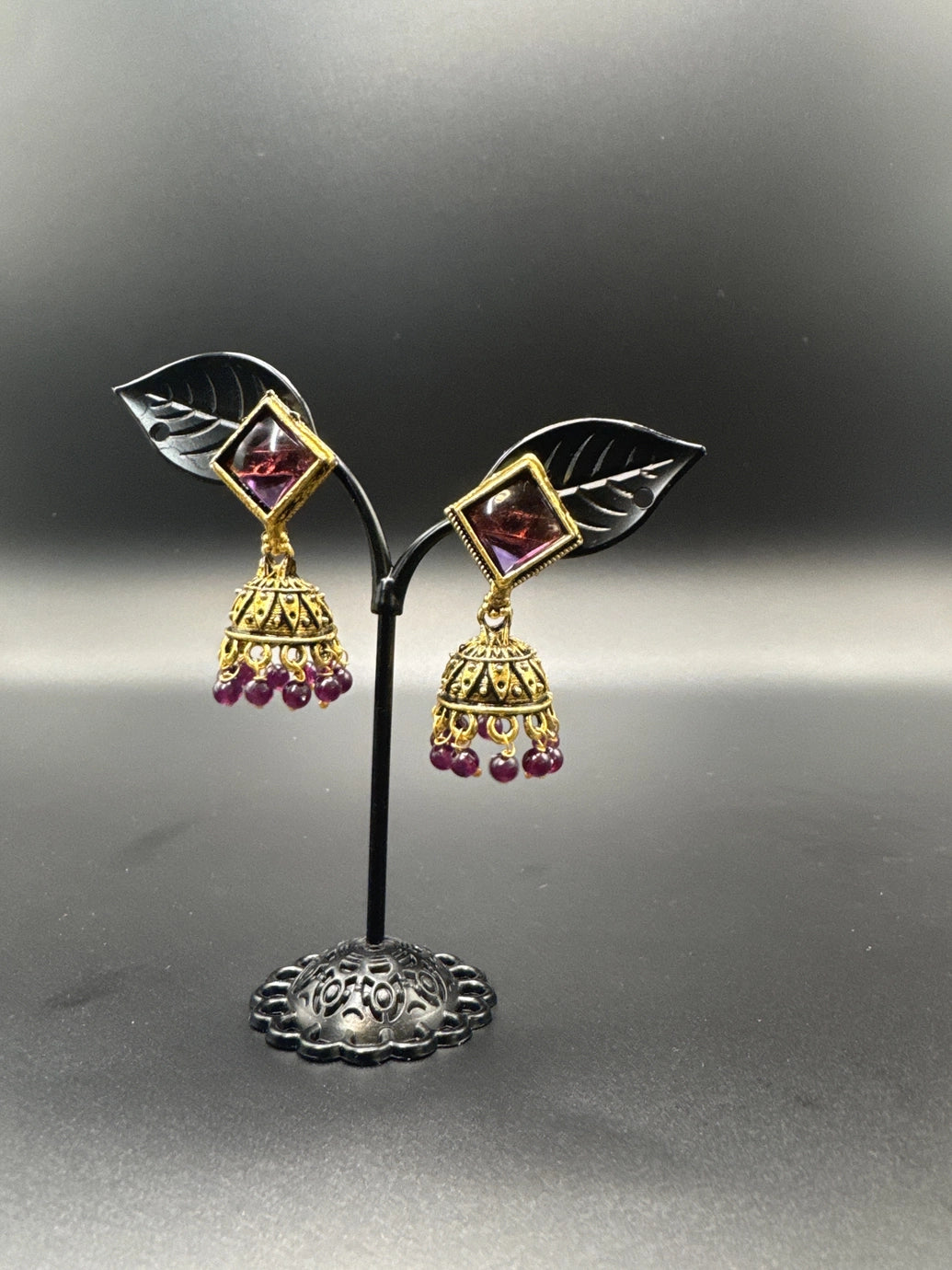 Oxidized Gold-Look Jhumka Earrings with Square Stone & Beads Jewelry JCS Fashions Wine 1.50 inch