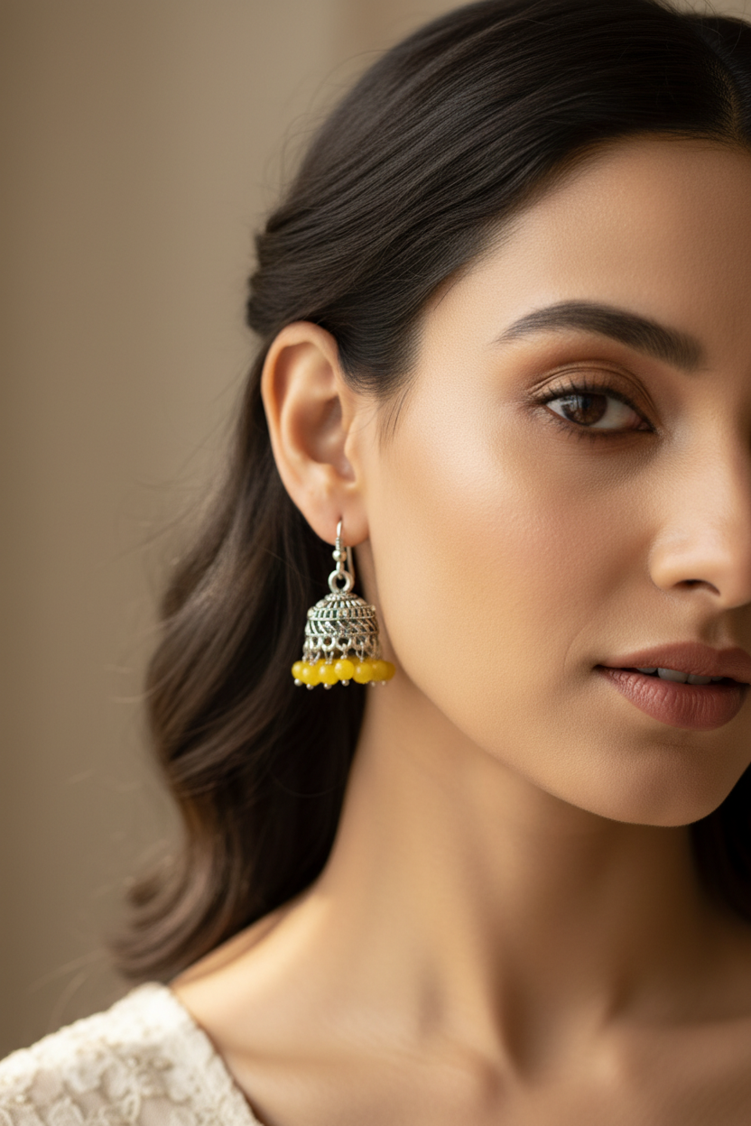 Oxidized Silver Jhumka Earrings with Beaded Drops