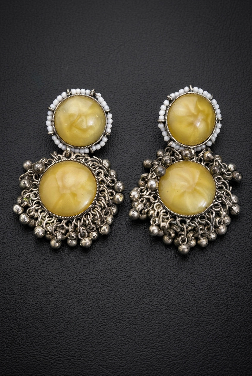 Antique Silver-Tone Drop Earrings with Round Stone Cabochons & Beaded Dangles - Yellow