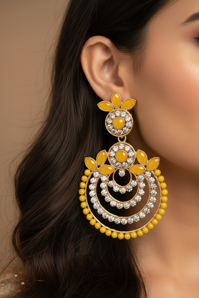 Traditional Gold-Tone Teardrop Earrings with Bead Work - 2.5 inch