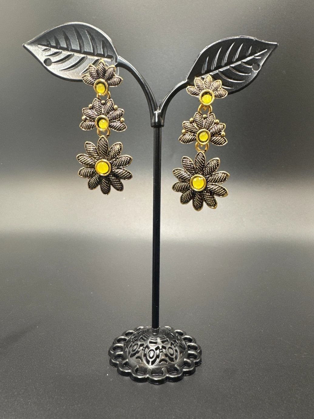 Antique Gold-Tone Floral Drop Earrings with Multi-Colored Stones