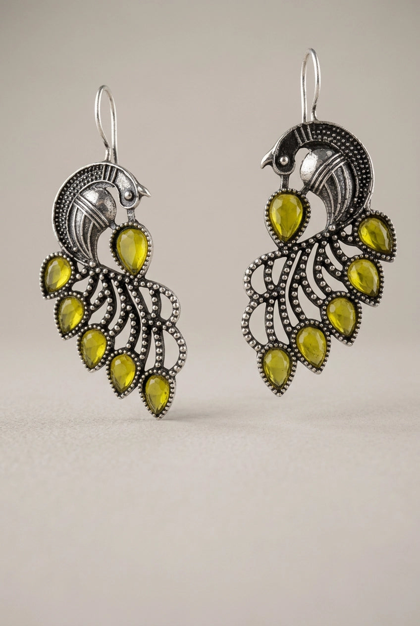 Oxidized Peacock Feather Drop Earrings in Silver-Tone with Peach/Green/Yellow Stones - Yellow