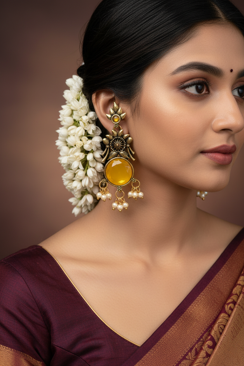 Gold-Tone Floral Chandbali Earrings with Round Stone & Pearl Drops