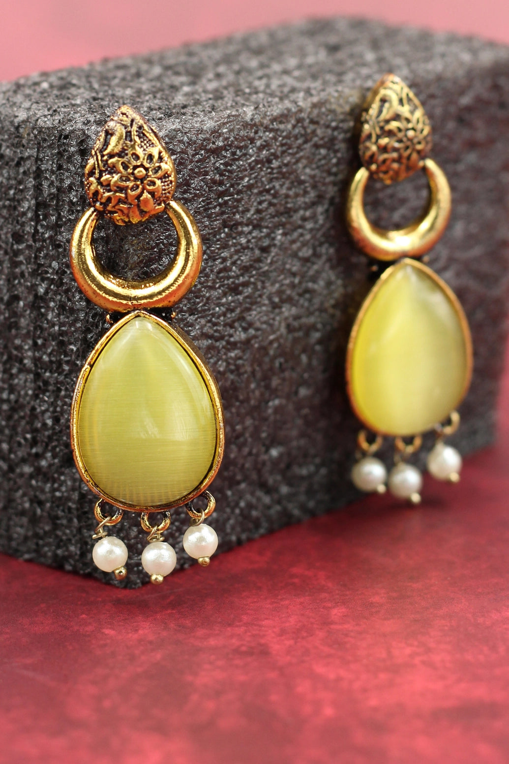 Gold-Tone Teardrop Earrings with Pearl Drops - Ethnic Fashion Earrings Jewelry JCS Fashions