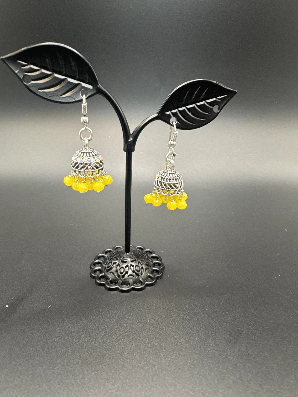 Oxidized Silver Jhumka Earrings with Beaded Drops