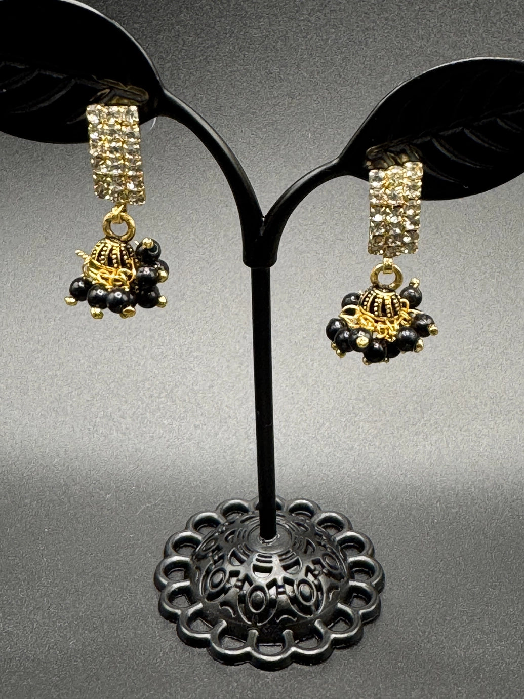 Gold Look Crystal Stud Jhumka Earrings - Traditional Fashion Jewelry Jewelry JCS Fashions Black 1 inch