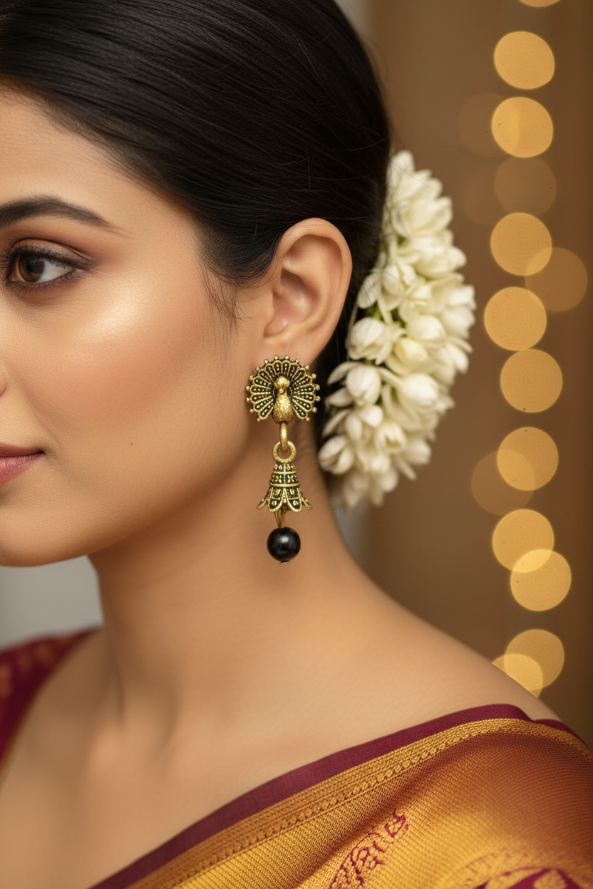 Antique Look Peacock Jhumka Earrings in Multiple Colors