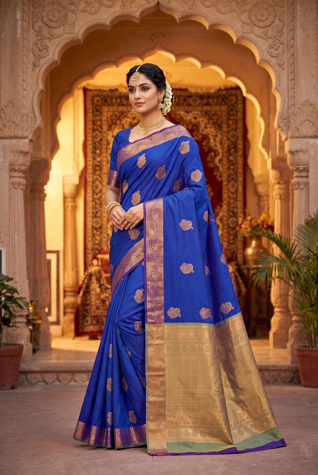 Royal Blue Korvai Soft Silk Saree with Gold Zari Buttas and Floral Border with Blouse - Royal Blue