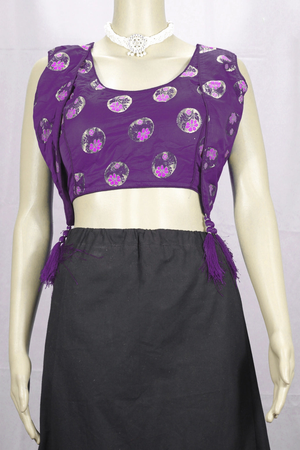 Purple Readymade Designer Padded Blouse with Jari Work, Tassel Detailing and Back Knot for Women - Purple