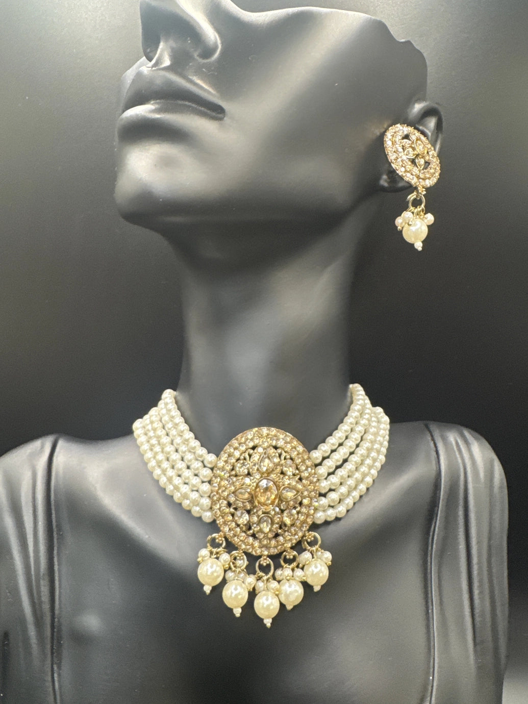 Gold-Tone Pearl Choker Necklace Set with Crystal-Studded Oval Centerpiece, Pearl Drops and Matching Earrings – 9 Inch - Gold