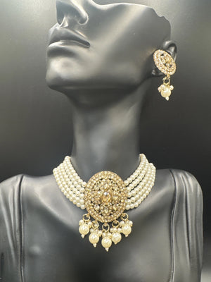 Gold-Tone Pearl Choker Necklace Set with Crystal-Studde