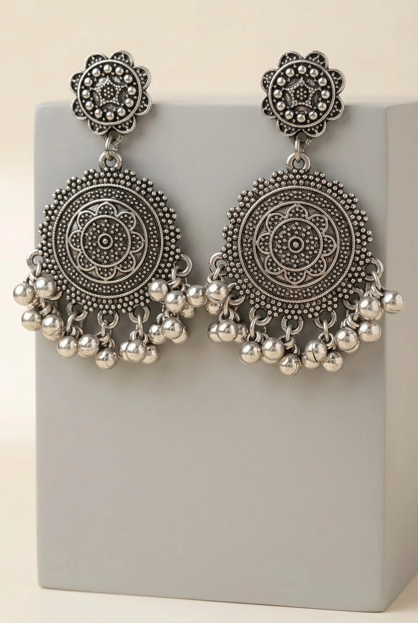 Oxidized Silver Floral Stud Statement Earrings with Beaded Jhumka Dangles for Traditional Wear - Silver