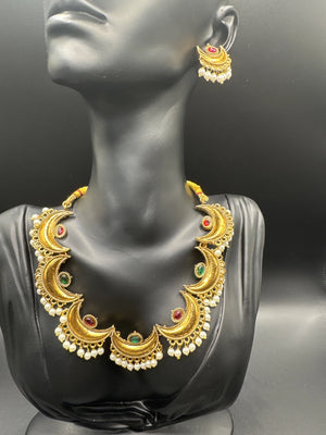 Gold-Tone Temple Neck Set with Green & Pink Stones, Imitation Pearls & Matching Earrings