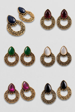 Antique Gold-Tone Teardrop Statement Earrings with Teardrop Stone and Floral Hoop Design