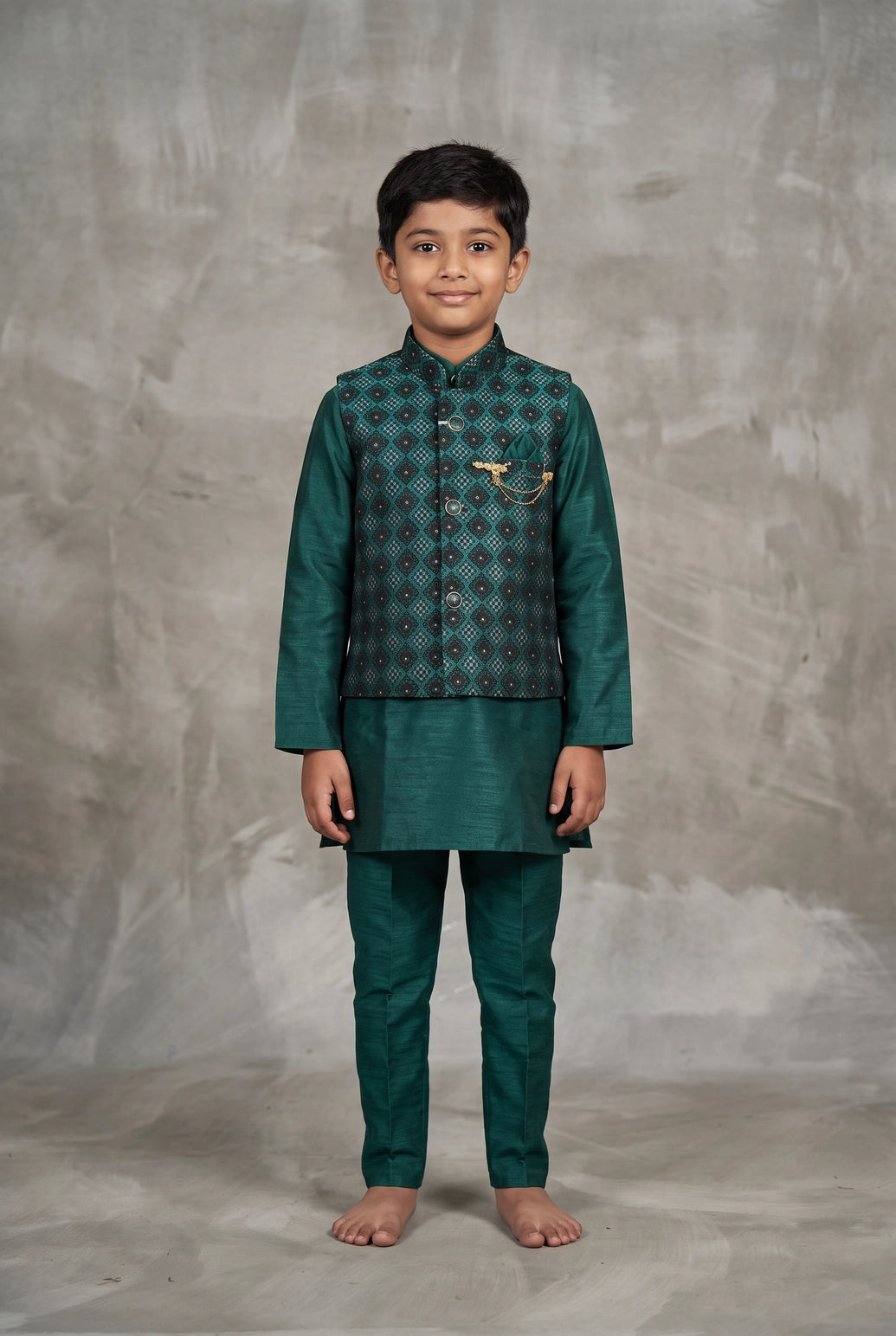 Boys Teal Green Koti Kurta Set with Printed Nehru Jacket, Full Sleeves and Matching Pants - Teal Green