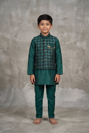 Boys Teal Green Koti Kurta Set with Printed Nehru Jacket, Full Sleeves and Matching Pants