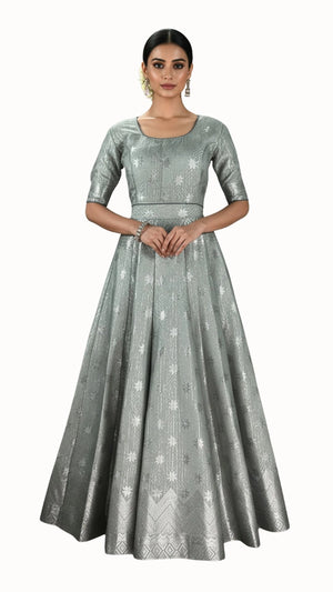 Grey Jacquard Silk Lehenga with Zari Woven Motifs and Matching Elbow Sleeve Blouse