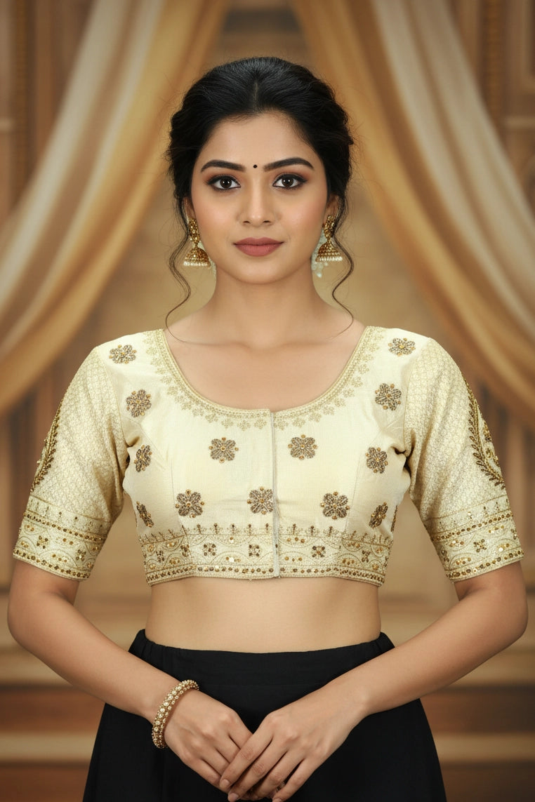 Sandal Readymade Padded Designer Blouse with Zari Floral Butta, U-Neckline, Elbow Sleeves and Back Knot - Sandal