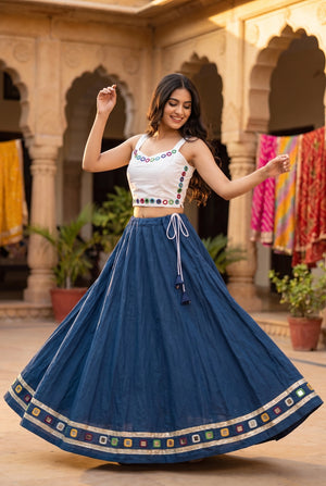 Navy Blue Navratri Chaniya Choli Set with Round Mirror Work Choli and Plain Flared Skirt