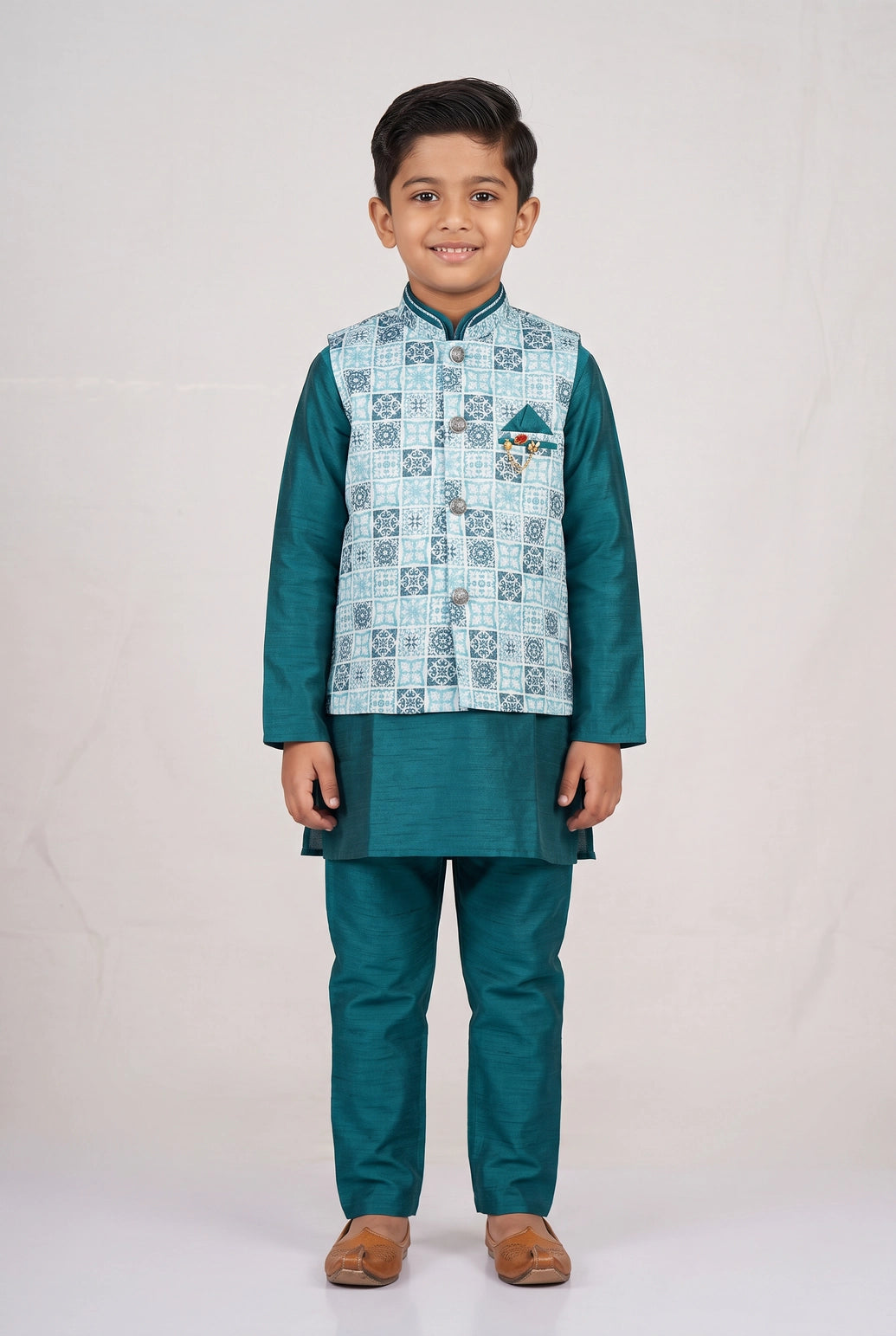 Boys Aqua Blue Koti Kurta Set (3-Piece) with Printed Sleeveless Koti & Matching Pants - Aqua Blue