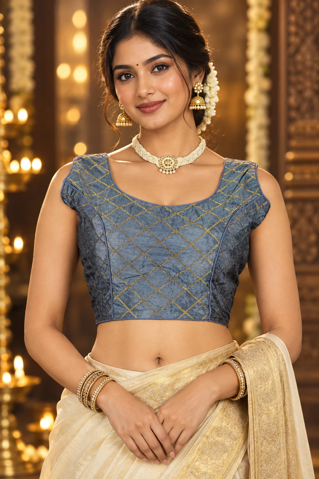 Grey Readymade Designer Padded Blouse with Golden Criss-Cross Pattern, Fully Stitched, Back Knot, Sleeveless - Grey