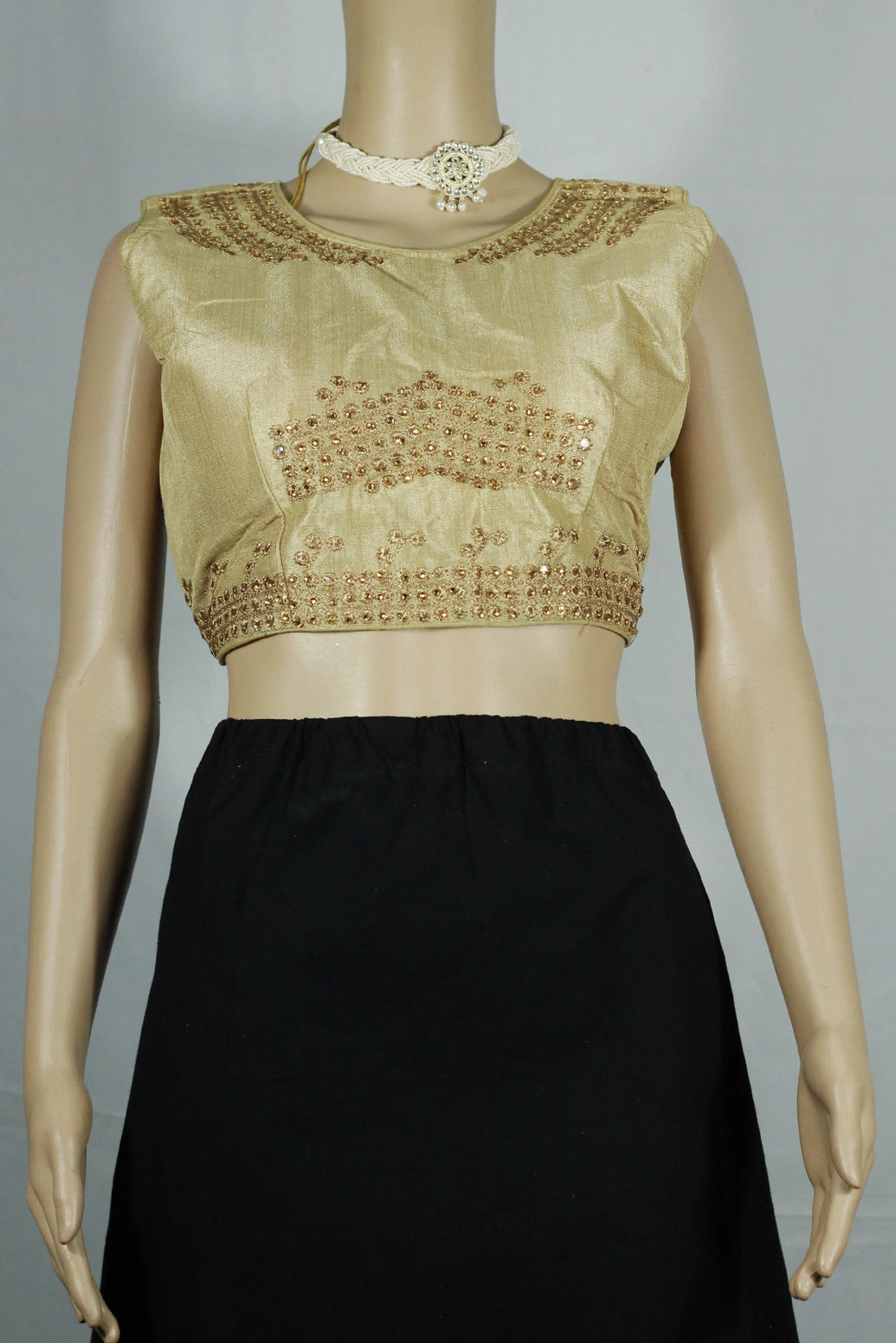 Readymade Designer Padded Blouse, Fully Stitched, Golden thread embroidery aari work with floral motifs around the neckline and shoulders, S - Sandal