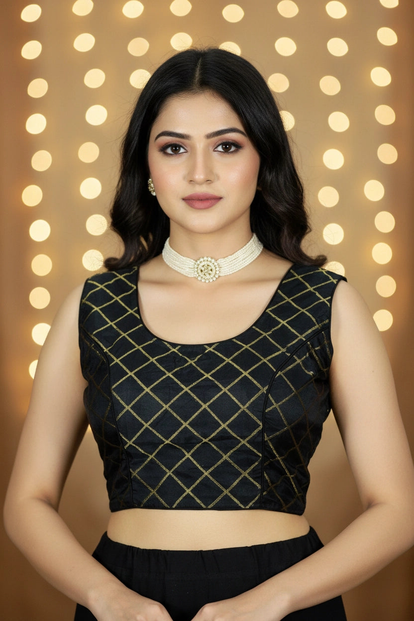 Black Designer Padded Sleeveless Blouse with Golden Criss-Cross Pattern, Back Knot, Ready-to-Wear - Black