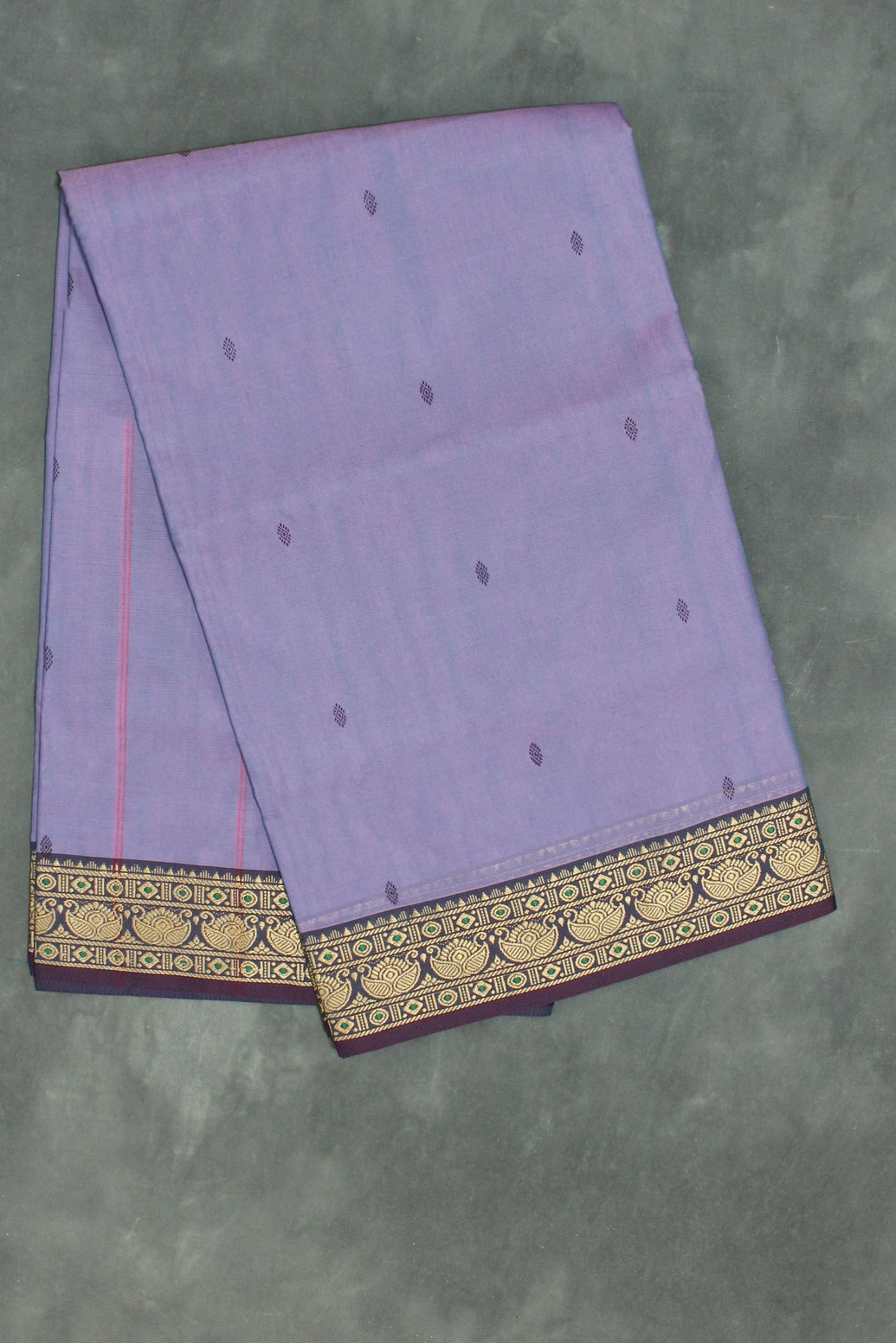 Lavender Poly Cotton Butta Saree with Gold-Thread Lotus Border Saree JCS Fashions Lavender 5.5 meters