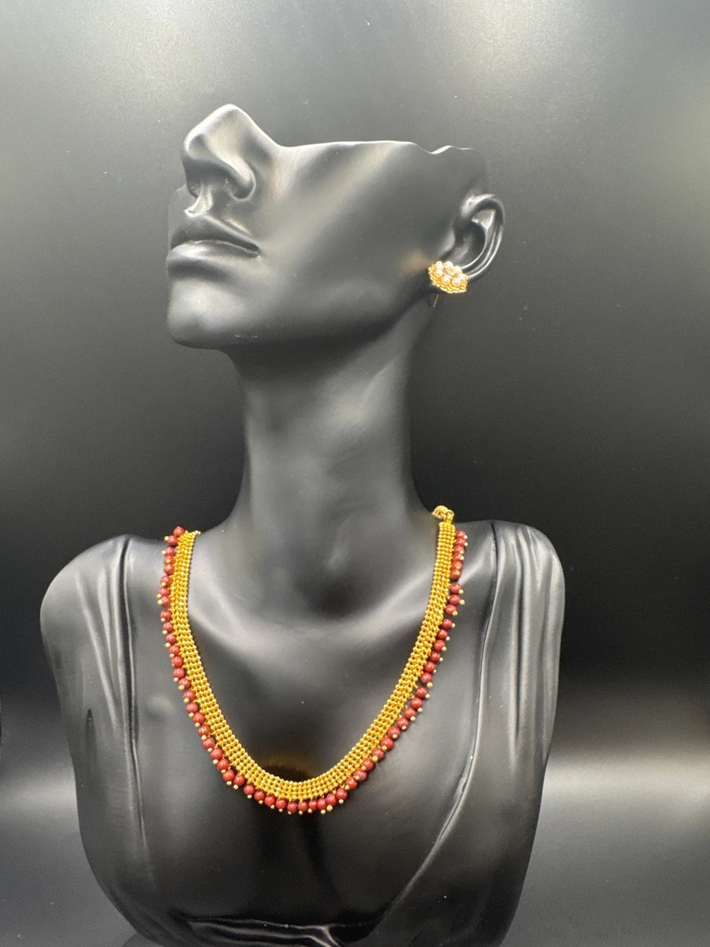 Gold-Tone Maroon Bead Necklace Set with Matching Stud Earrings, Lightweight Traditional Indian Fashion Jewellery Jewelry JCS Fashions Maroon 3.5 inch