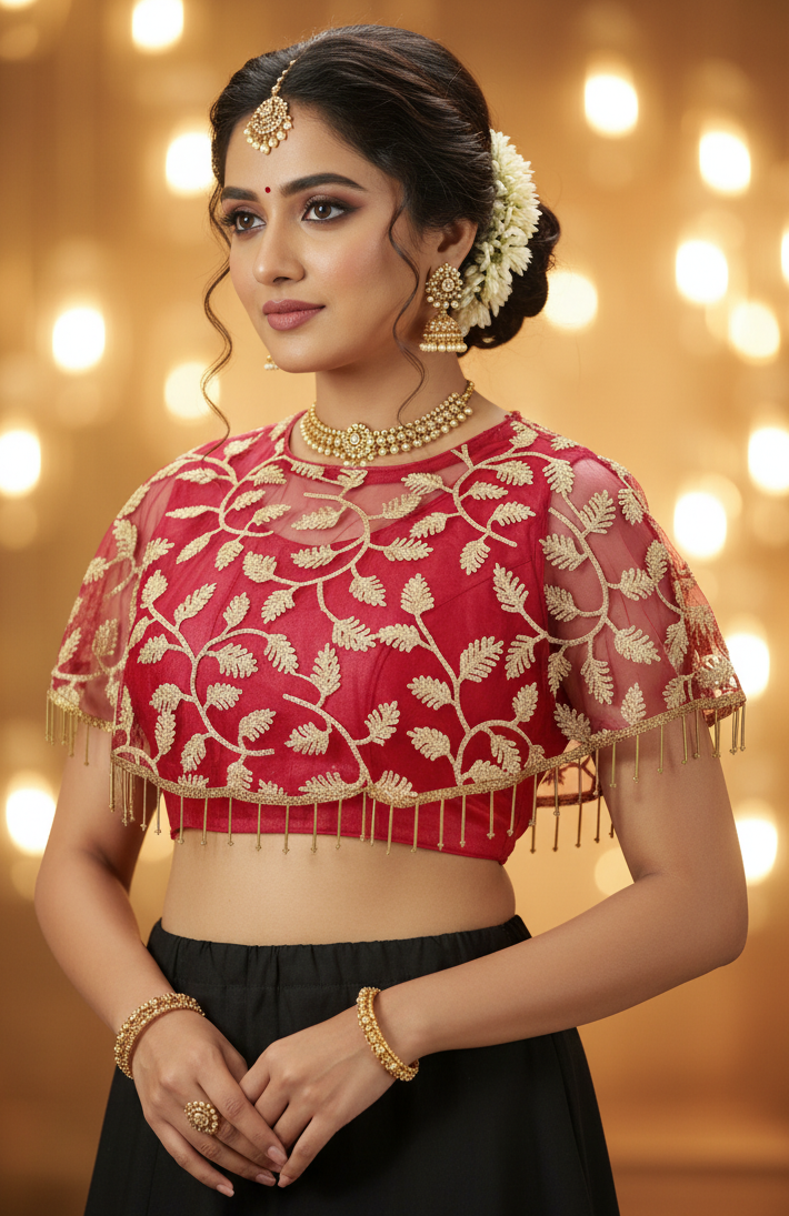 Red Net Designer Padded Blouse with Floral Motifs, Fully Stitched, Sleeveless Back Knot, Golden Embroidery