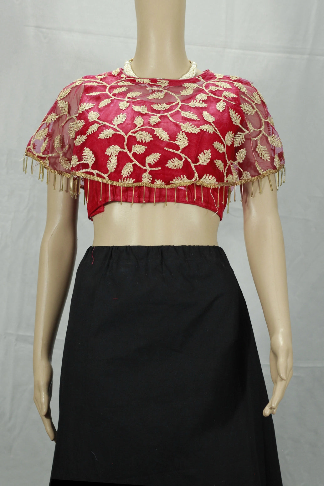 Red Net Designer Padded Blouse with Floral Motifs, Fully Stitched, Sleeveless Back Knot, Golden Embroidery - Red
