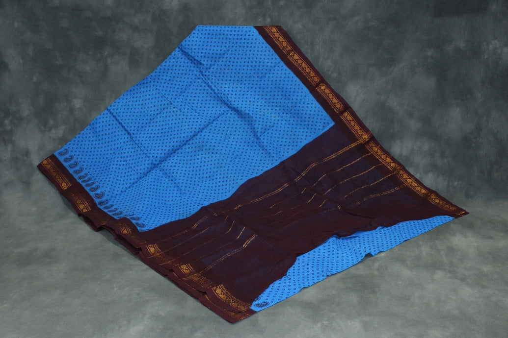 Blue & Brown Printed Poly Cotton Saree - Soft Lightweight 5.5m Saree JCS Fashions Blue & Brown 5.5 meters