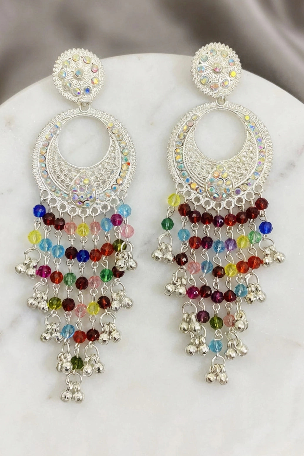 Silver-Tone Multicolor Beaded Jhumka Earrings with Moon Design and Sparkling Stud Tops - Multi color