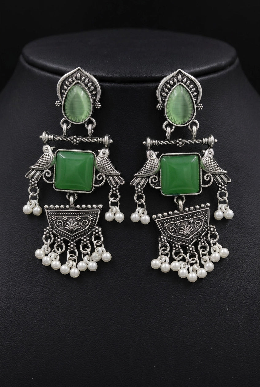 Oxidized Silver Teardrop & Square Stone Statement Earrings with Bird Motifs and Pearl Drops