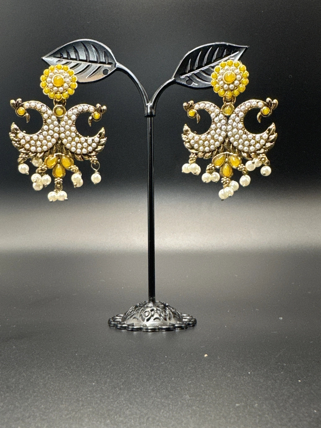 Antique Peacock Pearl Earrings – Gold-Tone Pearl-Studded Ethnic Earrings (2 inch)