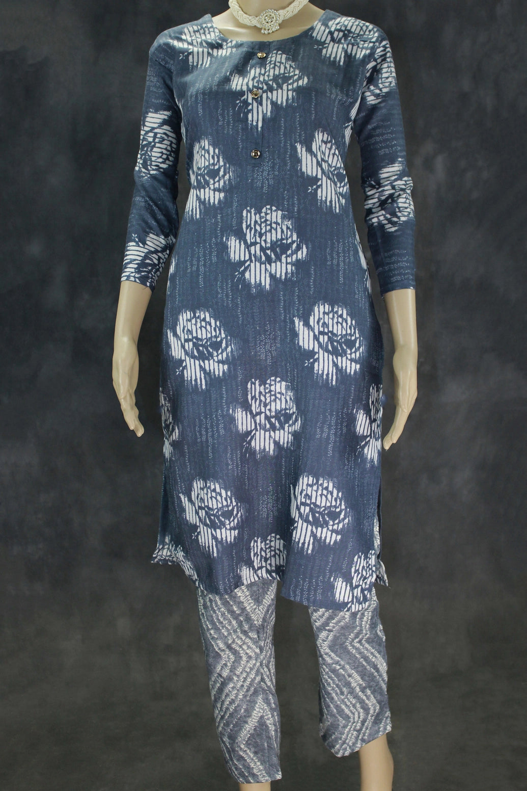 Navy Blue Cotton 2-Piece Kurta Set with Printed Floral Design