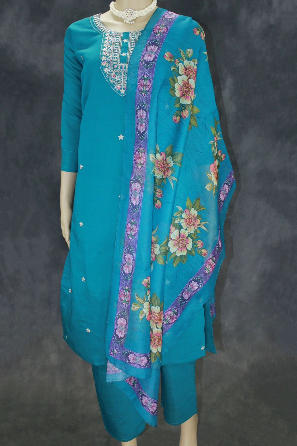 Elegant Teal Roman Silk 3 Piece Set with Digital Dupatta