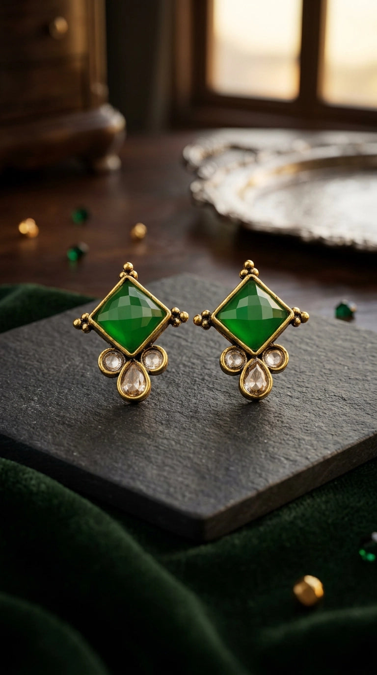 Green Emerald Square Stone Stud Earrings with Gold-Tone Ethnic Drop Crystals for Women - Green