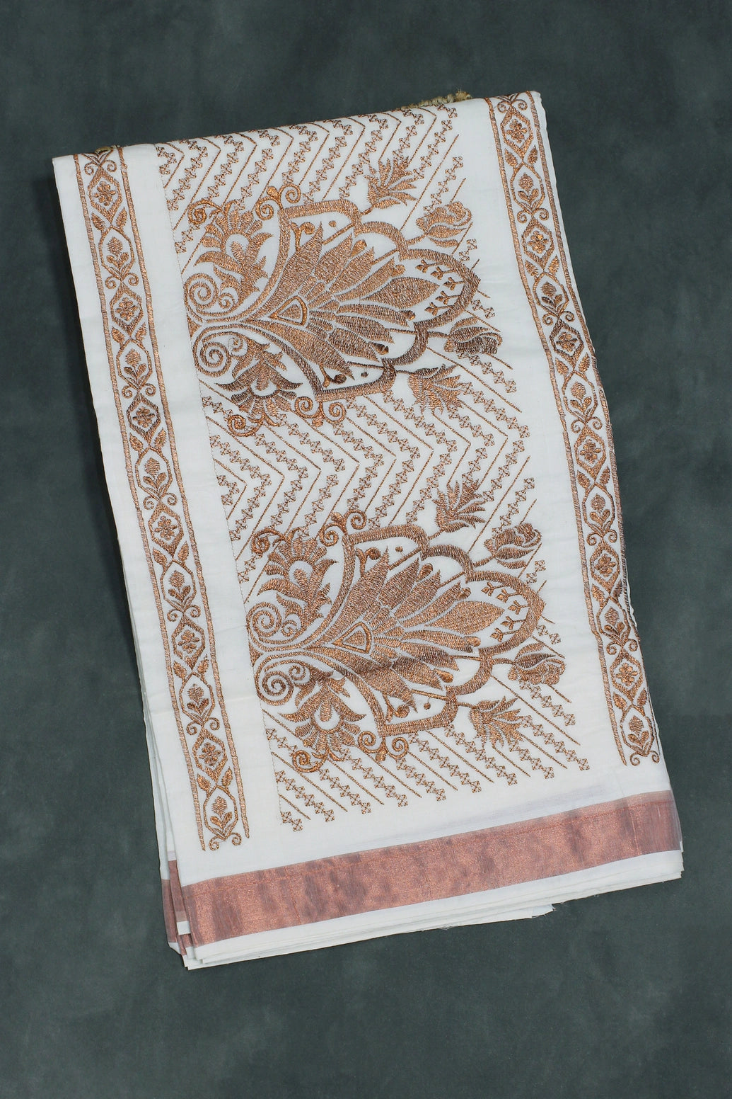 Pure Kerala Cotton White Saree with Copper Zari Peacock Embroidery and Blouse Piece - White