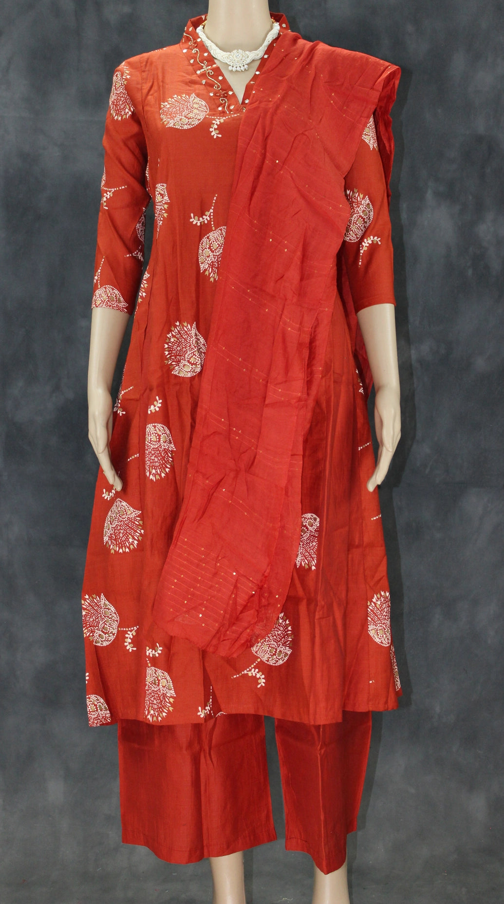 Orange Embroidered Cotton 3-Piece Kurti Set with Elasticated Pant & Chiffon Dupatta Kurti JCS Fashions Orange Medium (38)