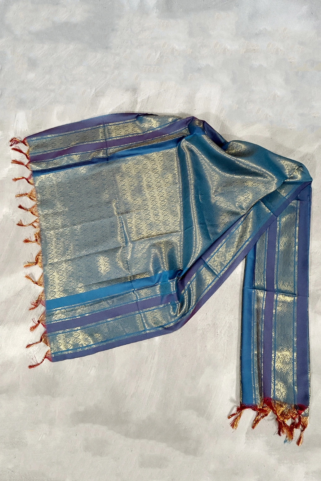 Blue Ponnadai Poly Silk Jacquard Temple & Function Shawl with Zari Pattern and Tassels - Blue