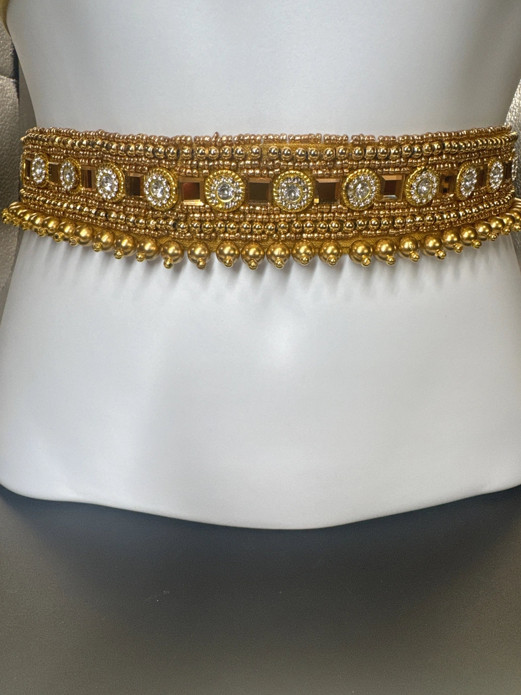 Gold-Tone Embellished Hip Belt with Mirror-Style Accents and Beaded Detailing Jewelry JCS Fashions Gold 30 - 34 inches