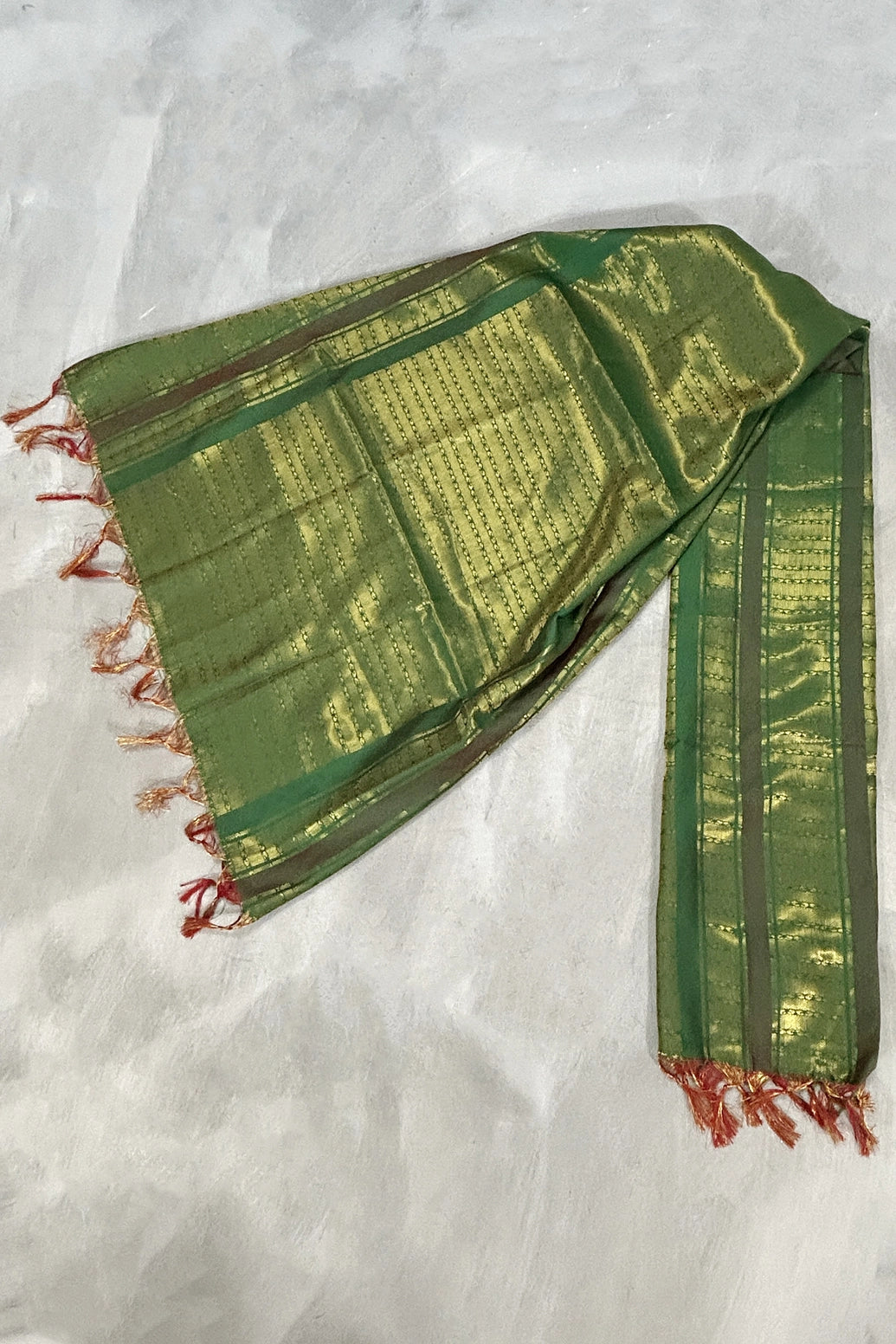Green Ponnadai Poly Silk Jacquard Shawl with Zari Pattern and Tassels for Temple, Pooja, Weddings & Functions - Green